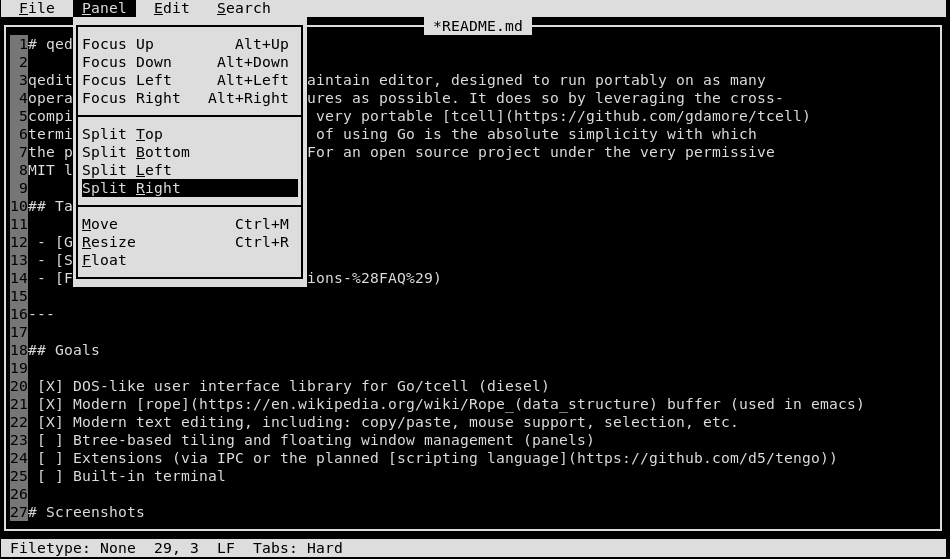 Editing the README with the "Panel" menu open.